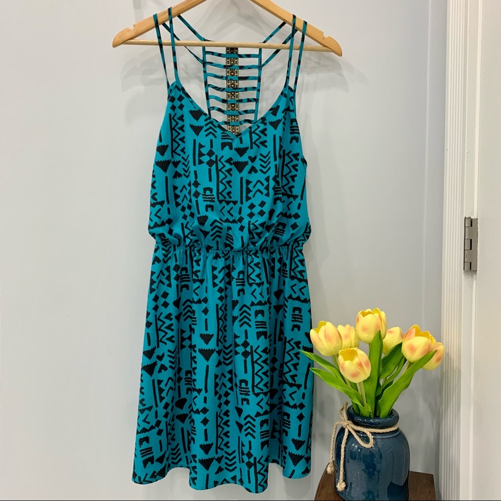 Three Pink Hearts Teal & Black Aztec medium dress